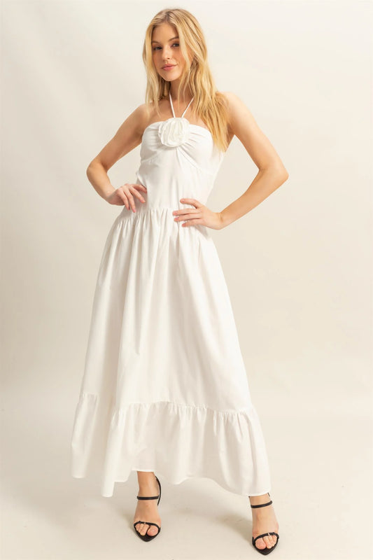 Poplin Rosette Halter Midi Dress