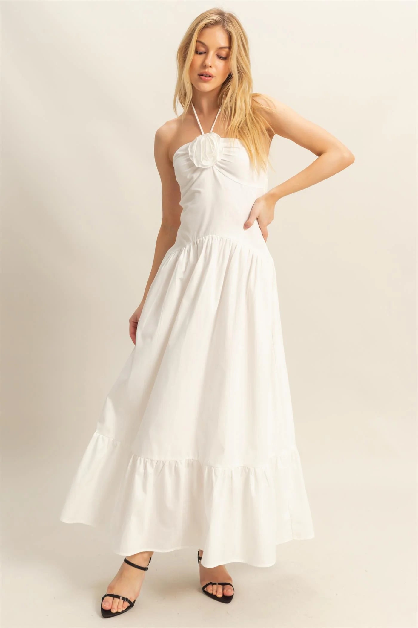 Poplin Rosette Halter Midi Dress
