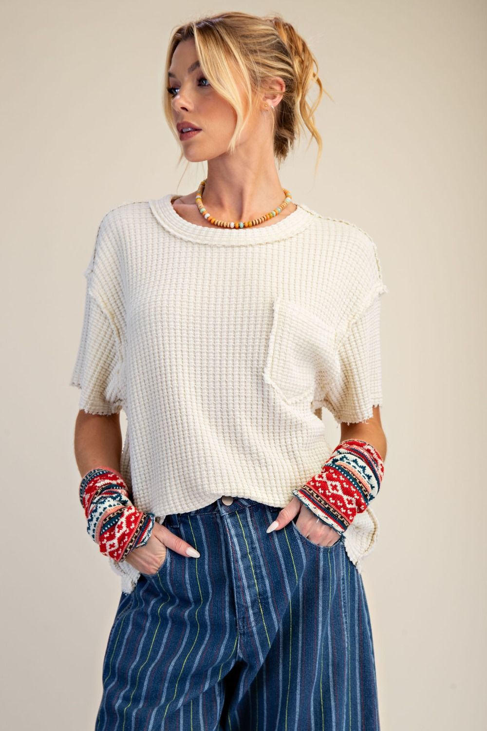 Washed Waffle Knit Pocket Top
