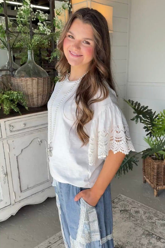 Scallop Crochet Sleeve 100% Cotton Shirt