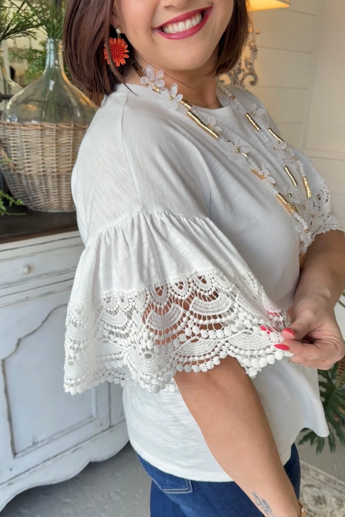 Scallop Crochet Sleeve 100% Cotton Shirt