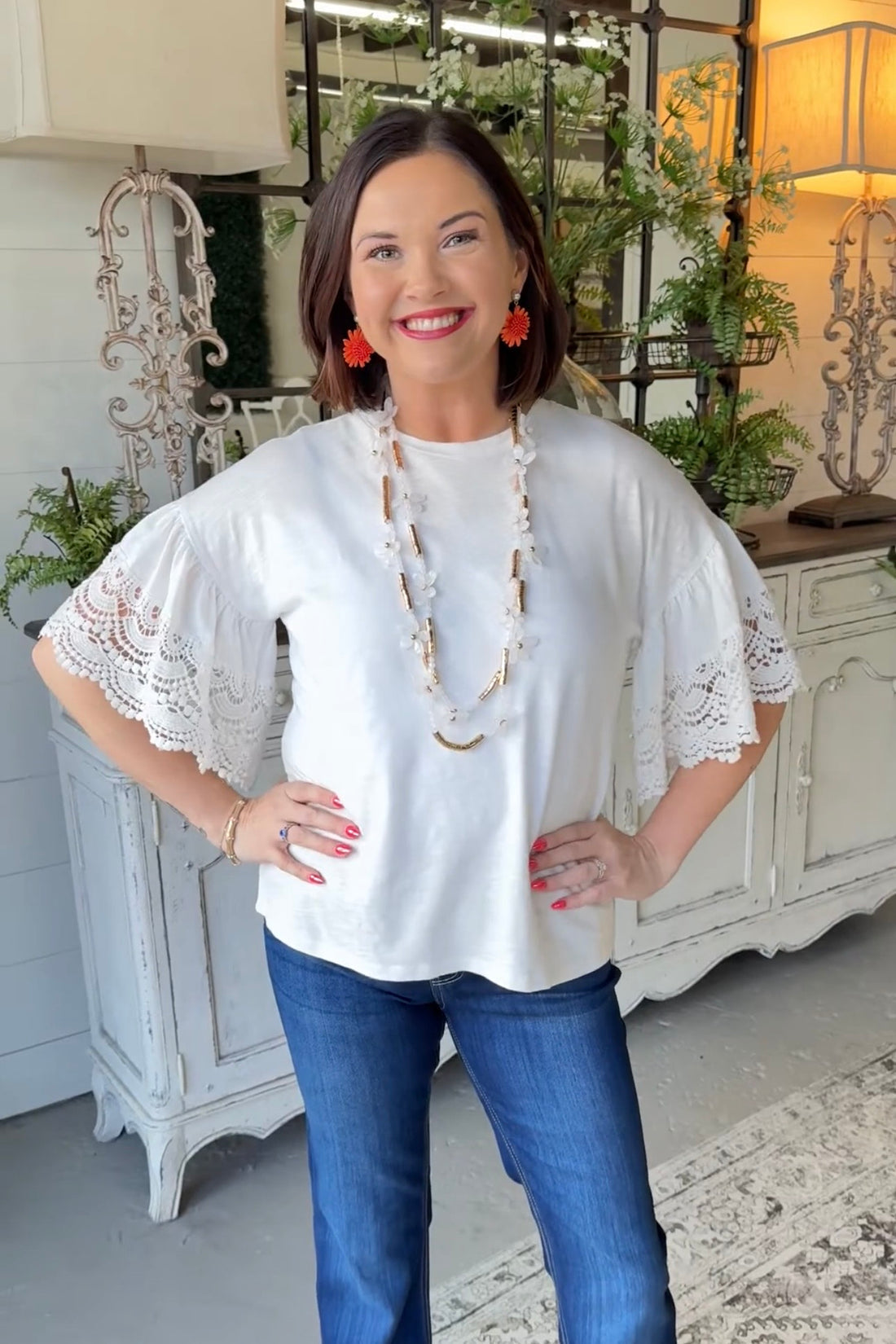 Scallop Crochet Sleeve 100% Cotton Shirt
