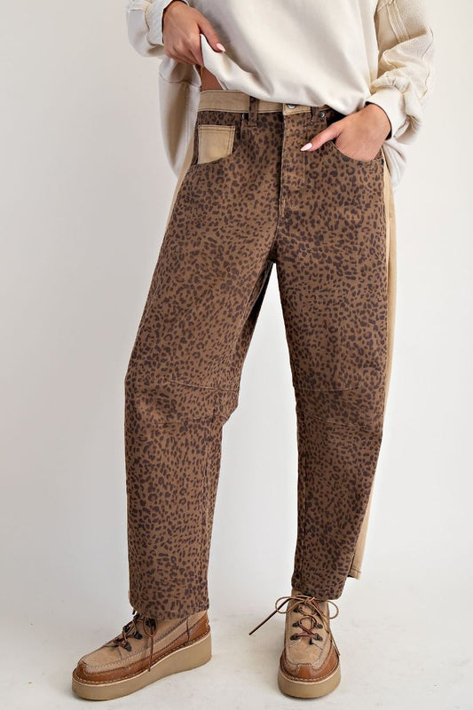 Washed Animal Print Stripe Barrel Jeans