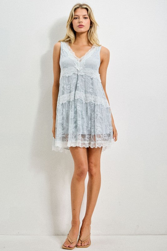 Lace V Neck Sleeveless Mini Dress
