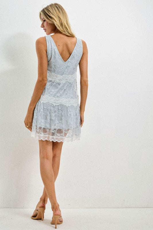 Lace V Neck Sleeveless Mini Dress