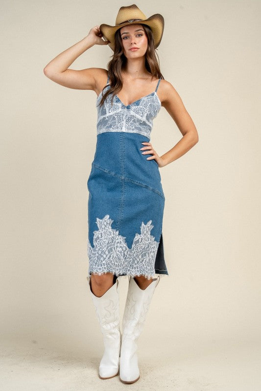 Lace Trim Detailed Jean Midi Dress