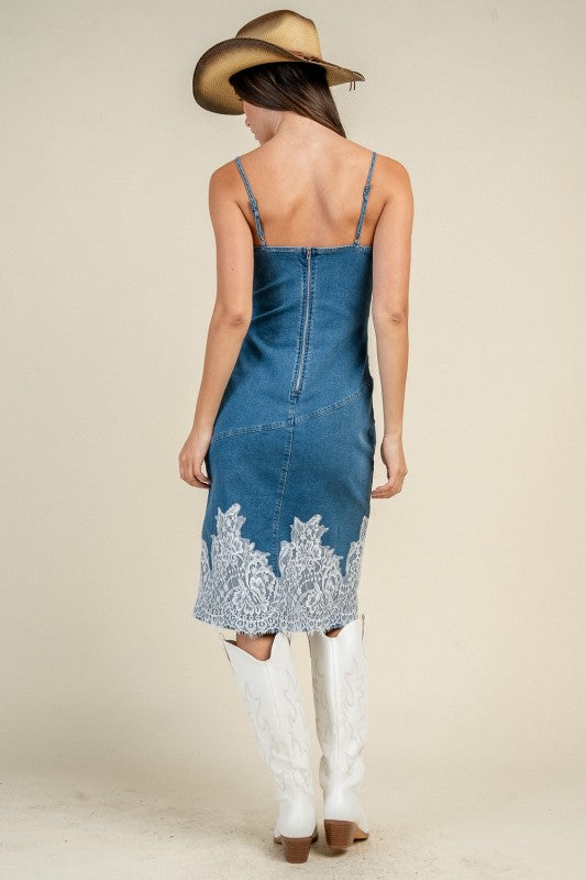 Lace Trim Detailed Jean Midi Dress