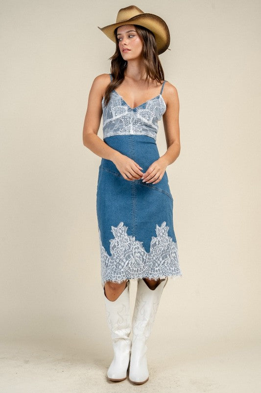Lace Trim Detailed Jean Midi Dress
