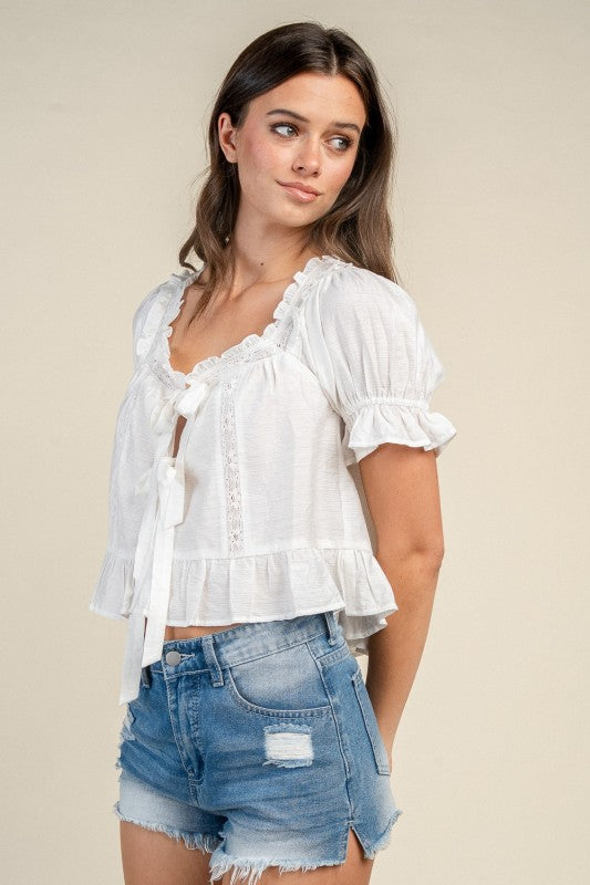 Puff Sleeve Top w/ Front Tie
