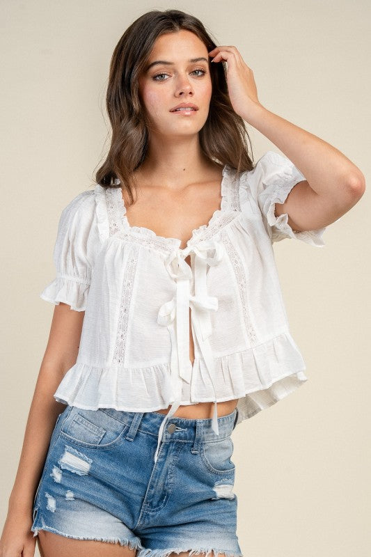 Puff Sleeve Top w/ Front Tie