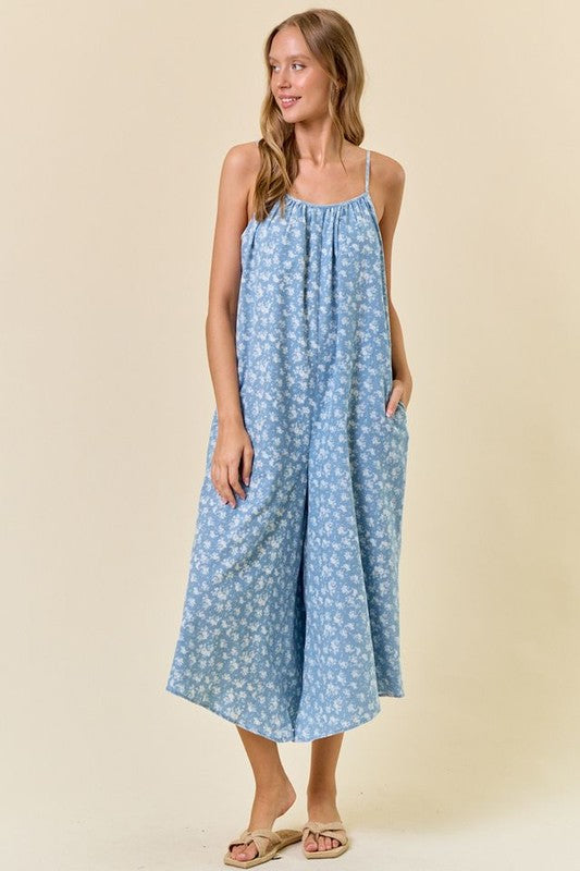 Floral Printed Chambray
Wide Leg Jumpsuit