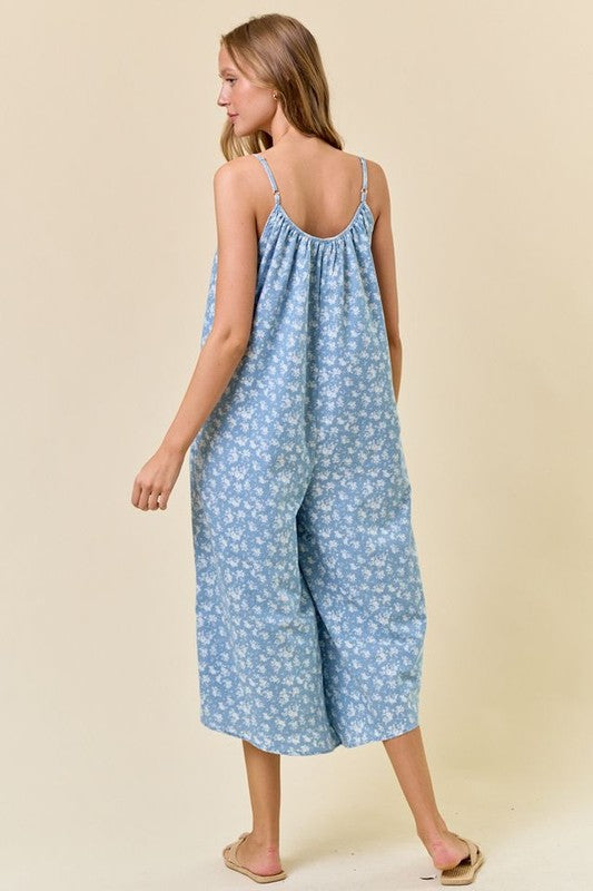Floral Printed Chambray
Wide Leg Jumpsuit
