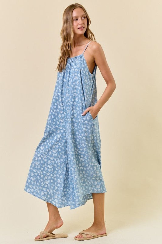 Floral Printed Chambray
Wide Leg Jumpsuit
