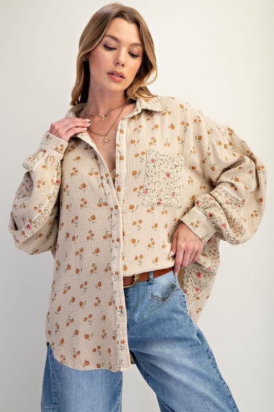 Floral Print Gauze 100% Cotton Shirt