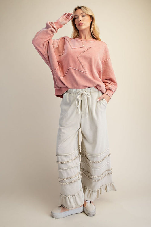 WASHED TERRY TIERED RUFFLED WIDE LEG PANTS