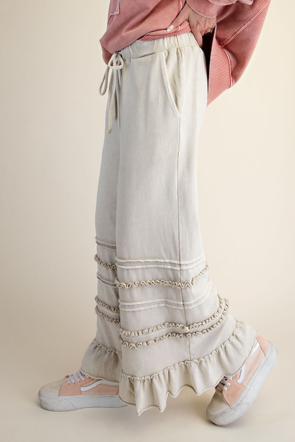 WASHED TERRY TIERED RUFFLED WIDE LEG PANTS