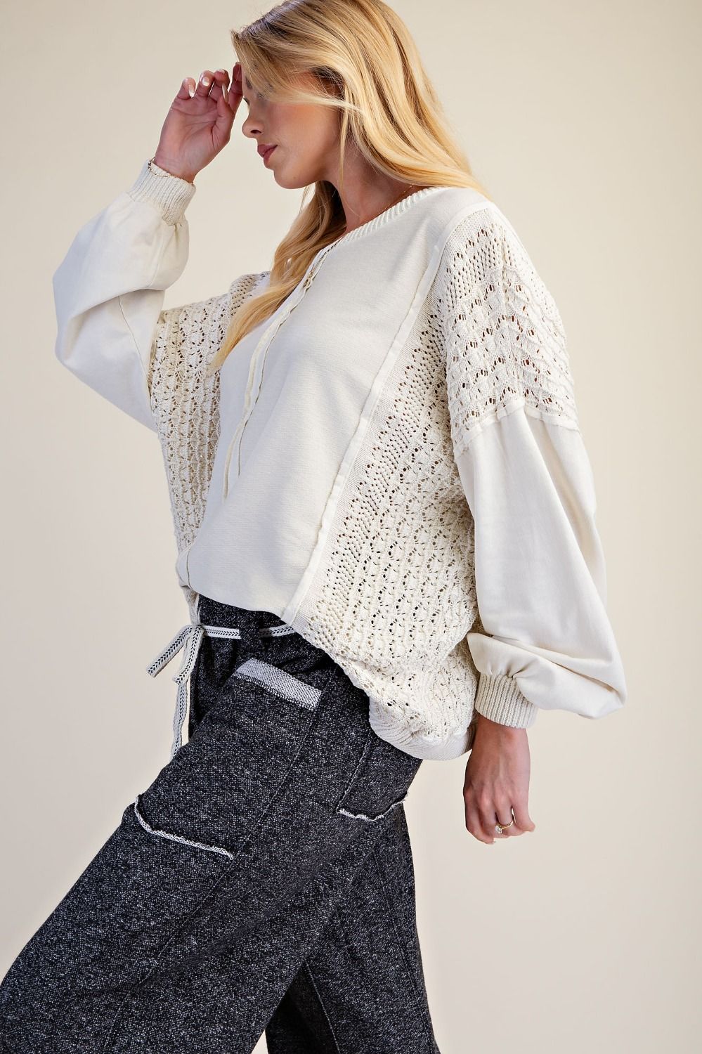 CROCHET MIX WASHED TERRY KNIT PULLOVER