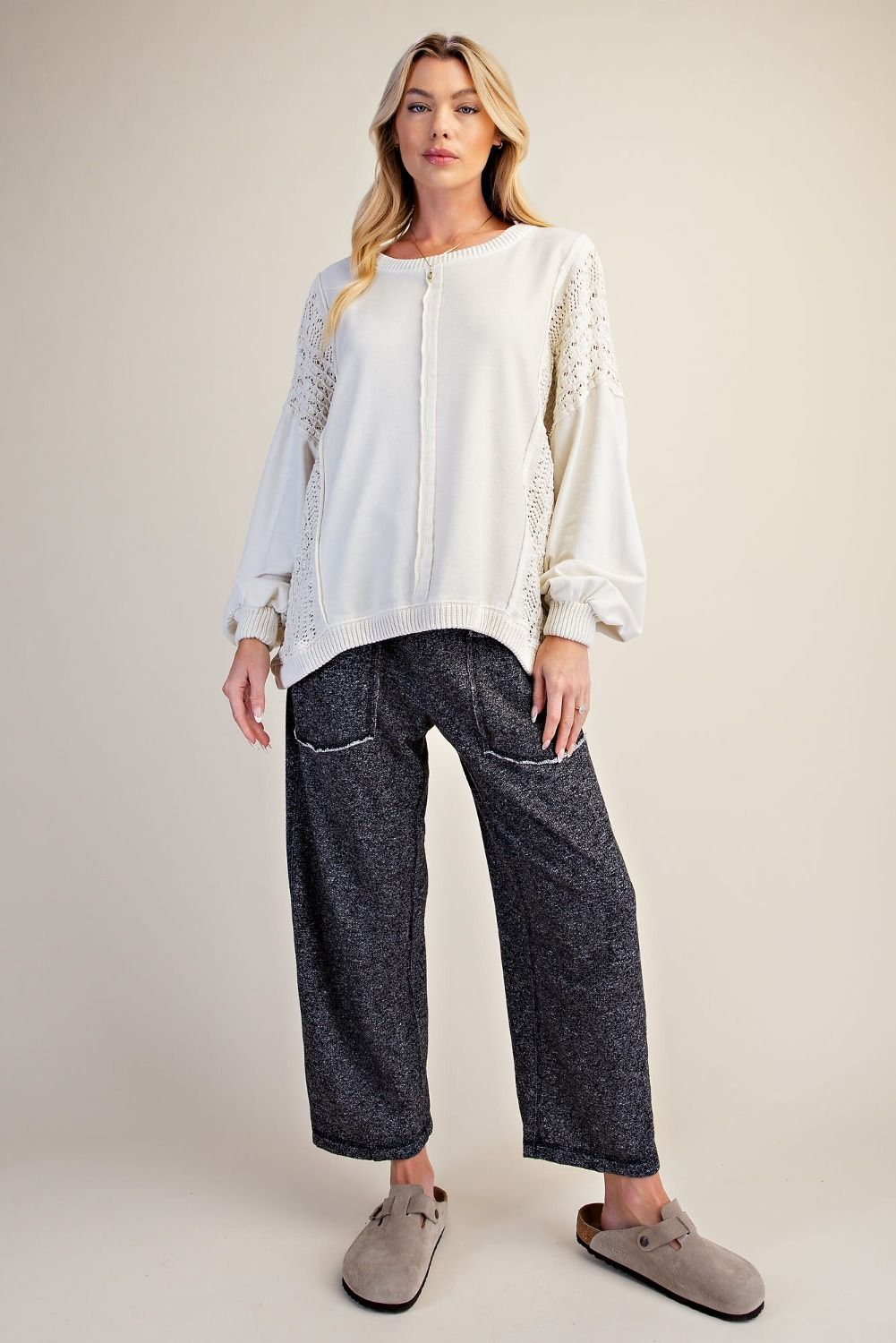 CROCHET MIX WASHED TERRY KNIT PULLOVER