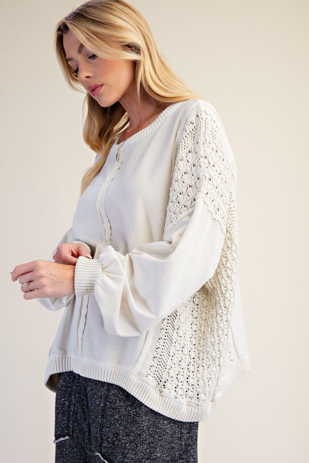 CROCHET MIX WASHED TERRY KNIT PULLOVER