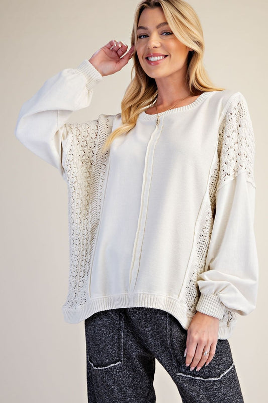 CROCHET MIX WASHED TERRY KNIT PULLOVER
