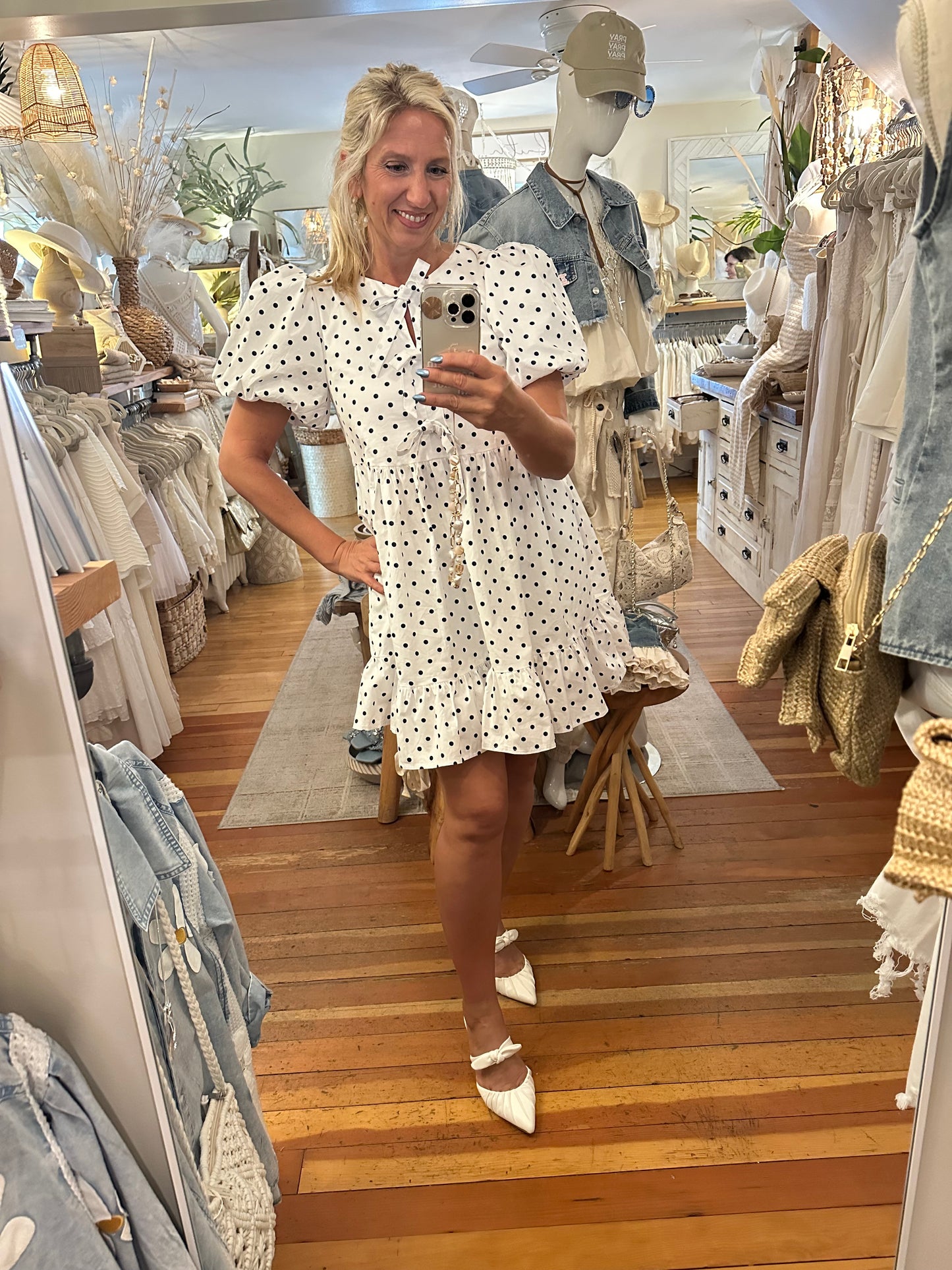 Puff Sleeve Polka Dot Ruffle Dress