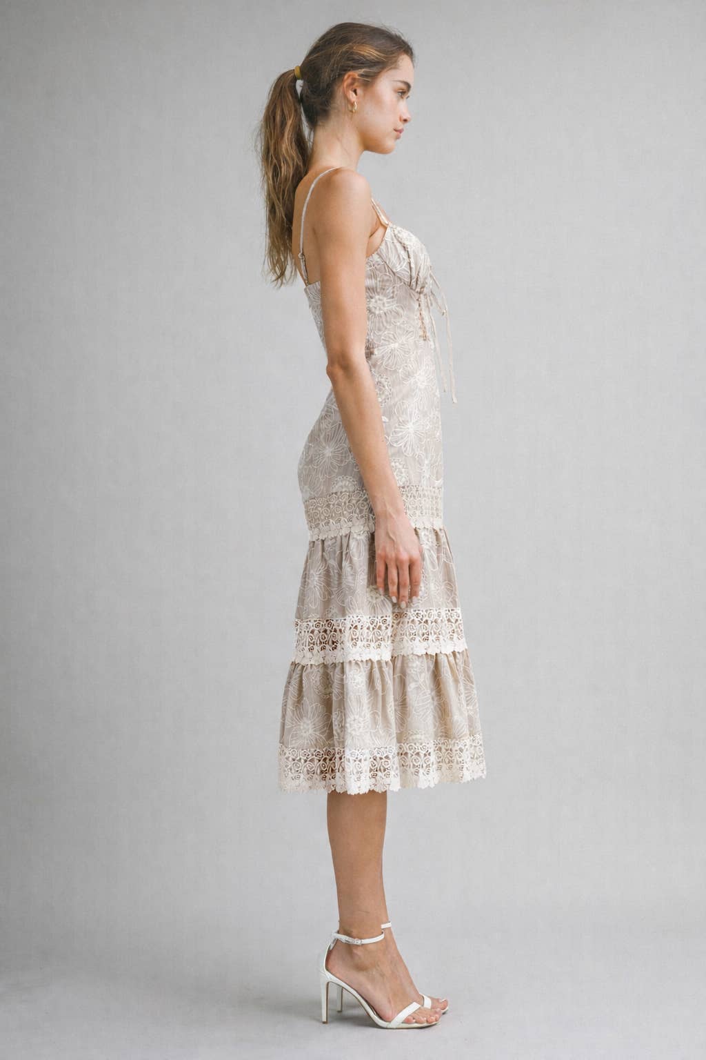 Lace Tiered Midi Dress : TAUPE