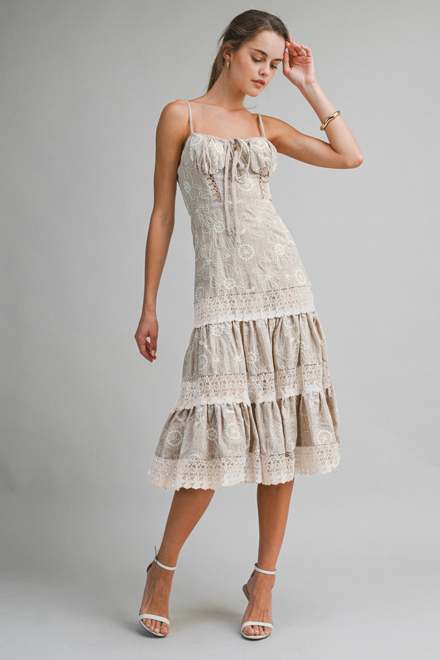 Lace Tiered Midi Dress : TAUPE