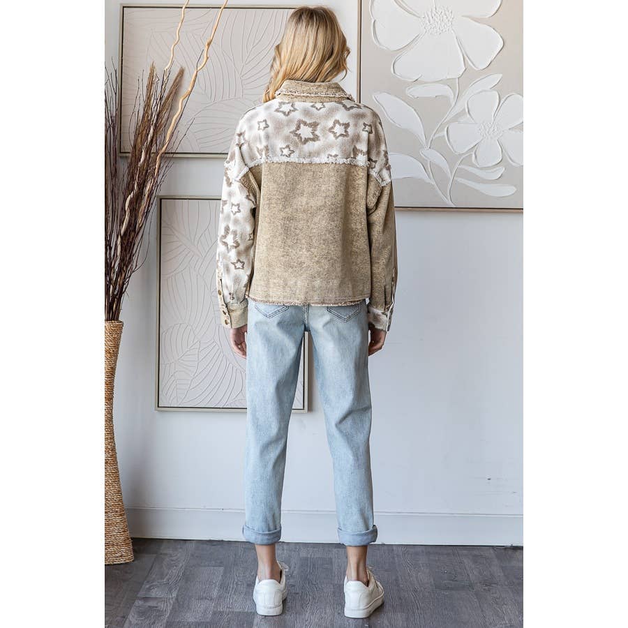 WASHED STAR PRINT CORDUROY MIX JACKET: BROWN