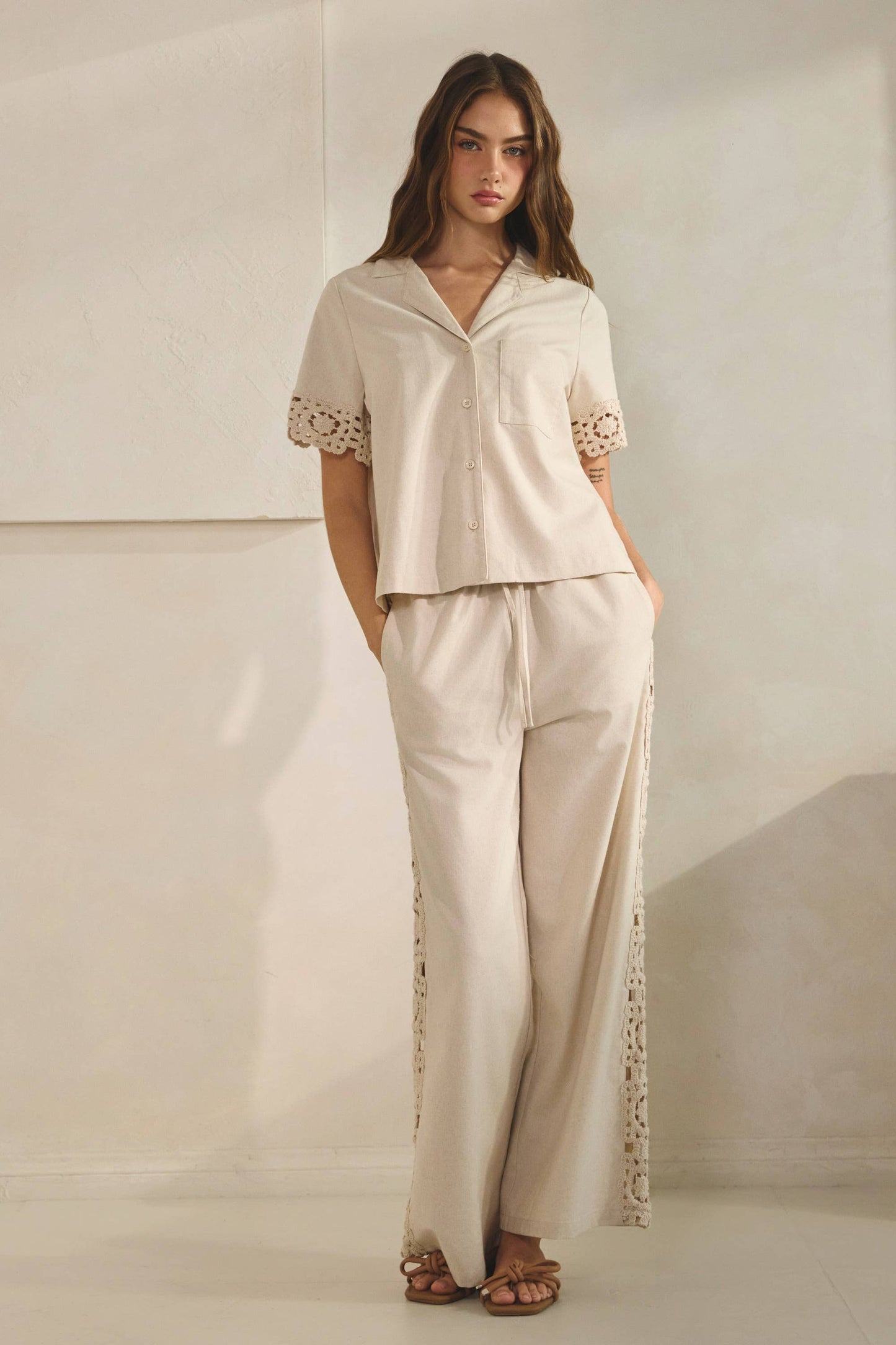 Saint Crochet Detail Linen Shirt & Pants