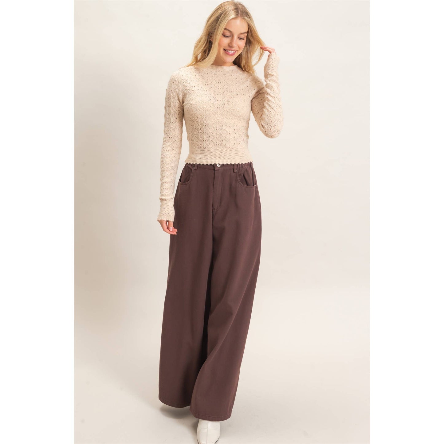 Crochet Scalloped Hem Layering Top- Taupe