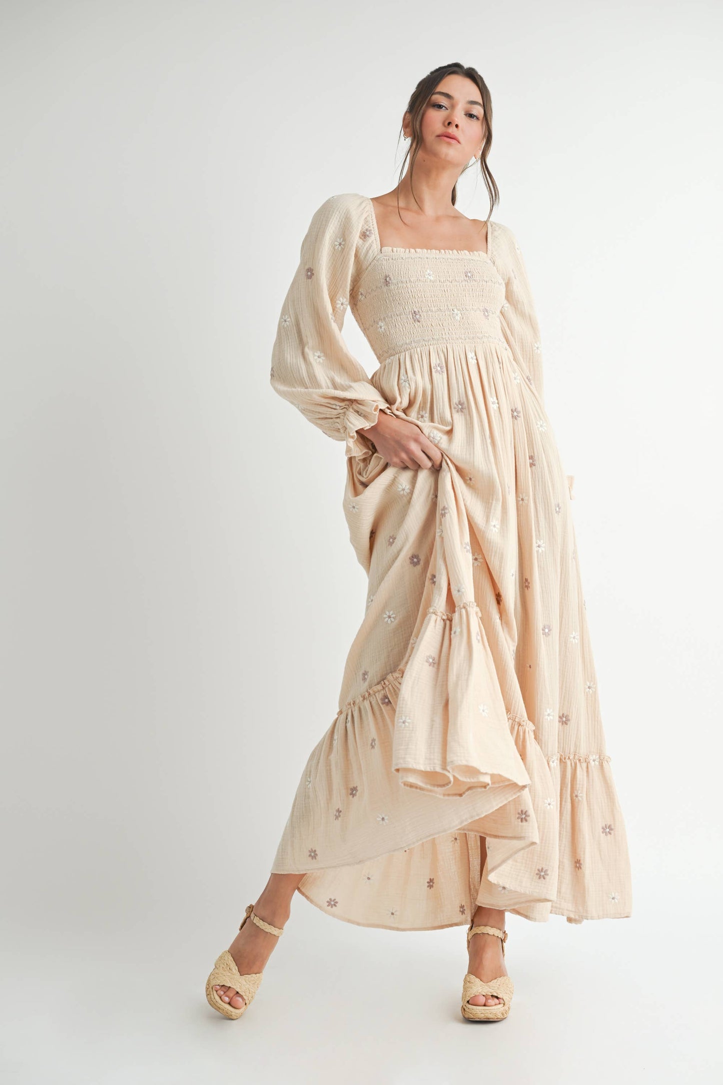 Long Sleeve Embroidery Maxi Dress