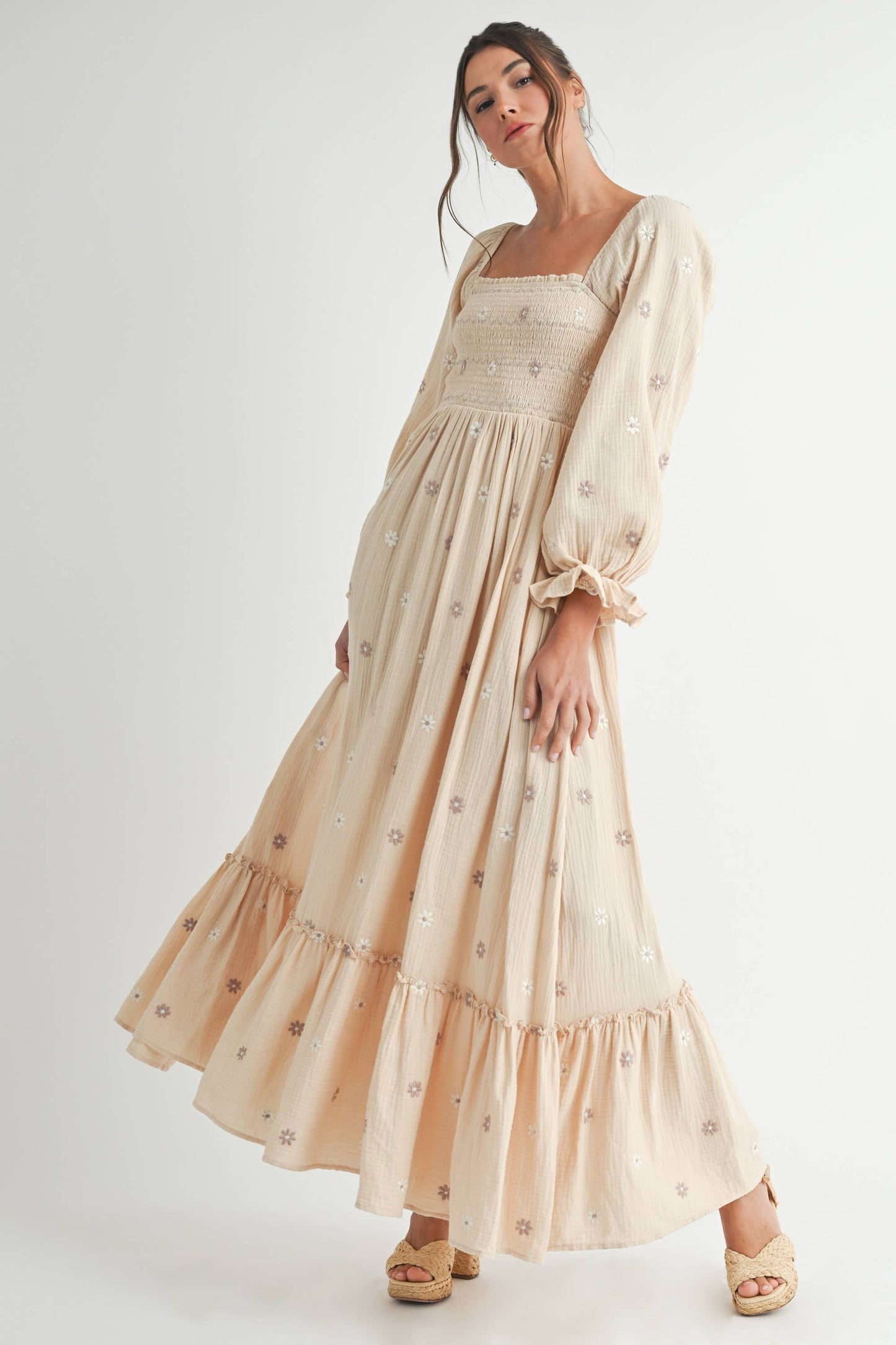 Long Sleeve Embroidery Maxi Dress