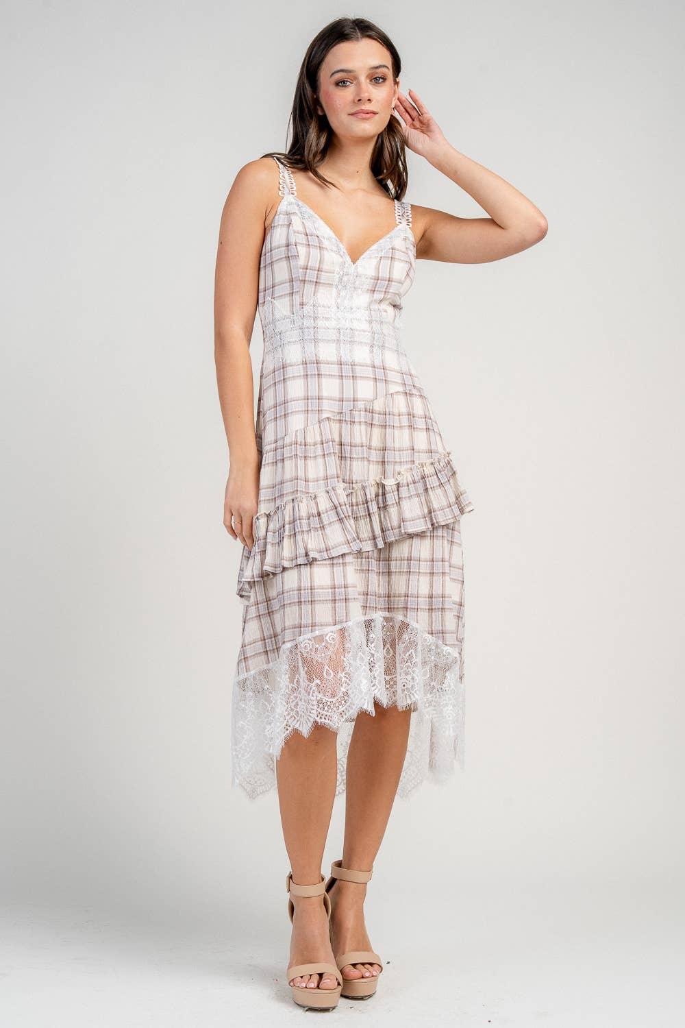 COTTON PLAID ASYMMETRIC HEMMED LACE TRIMMED MIDI