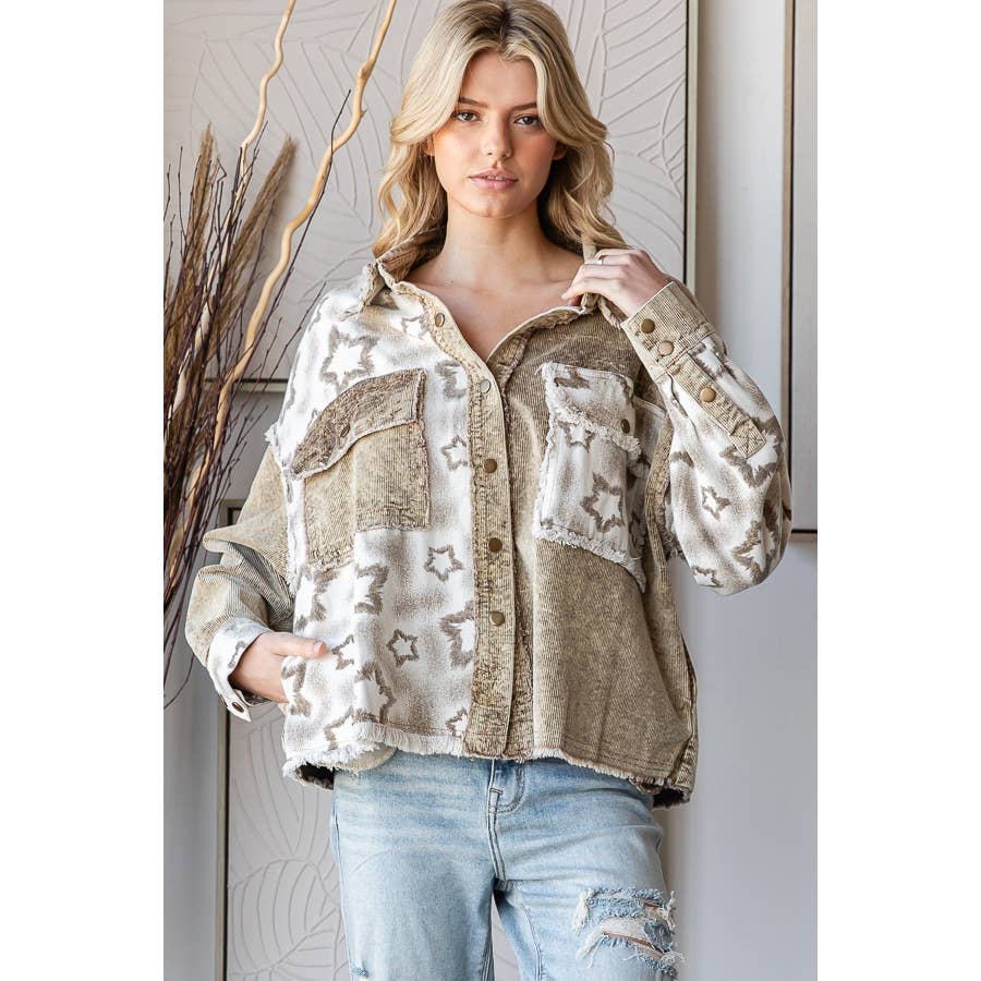 WASHED STAR PRINT CORDUROY MIX JACKET: BROWN