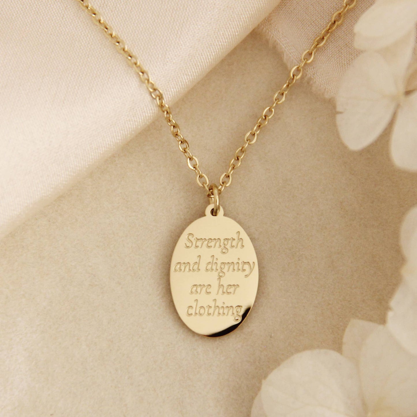 Strength And Dignity Are Her Clothing Necklace Proverb 31:25: Yellow Gold