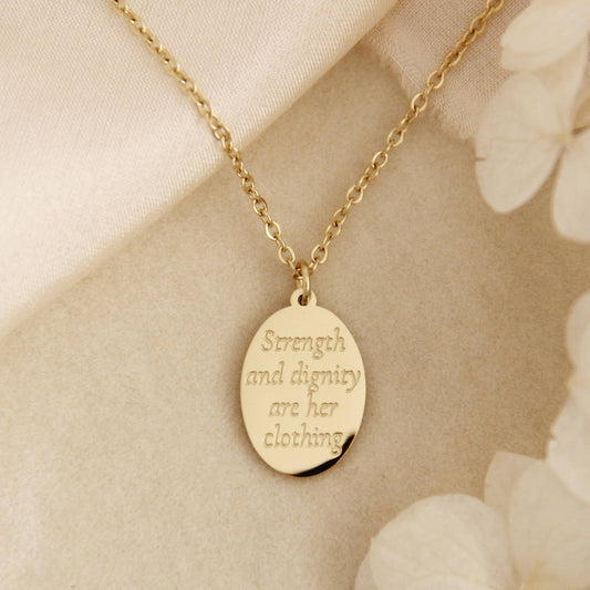 Strength And Dignity Are Her Clothing Necklace Proverb 31:25: Yellow Gold