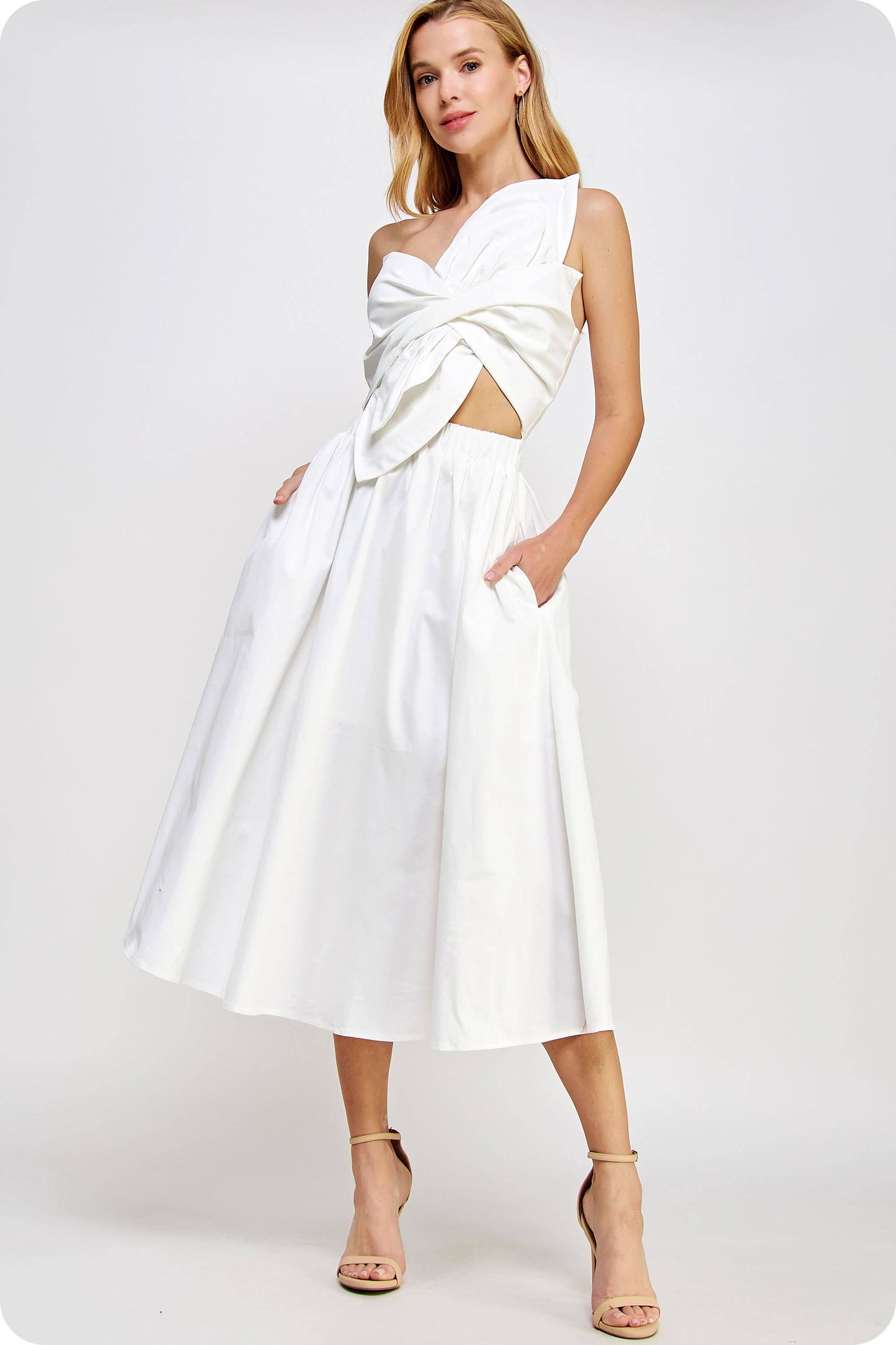 Knotted Flower Bow Midi Dress: Ecru