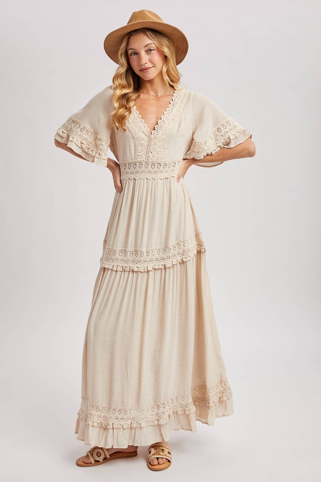 V-NECK LACE TRIM MAXI DRESS: COLOR SHELL