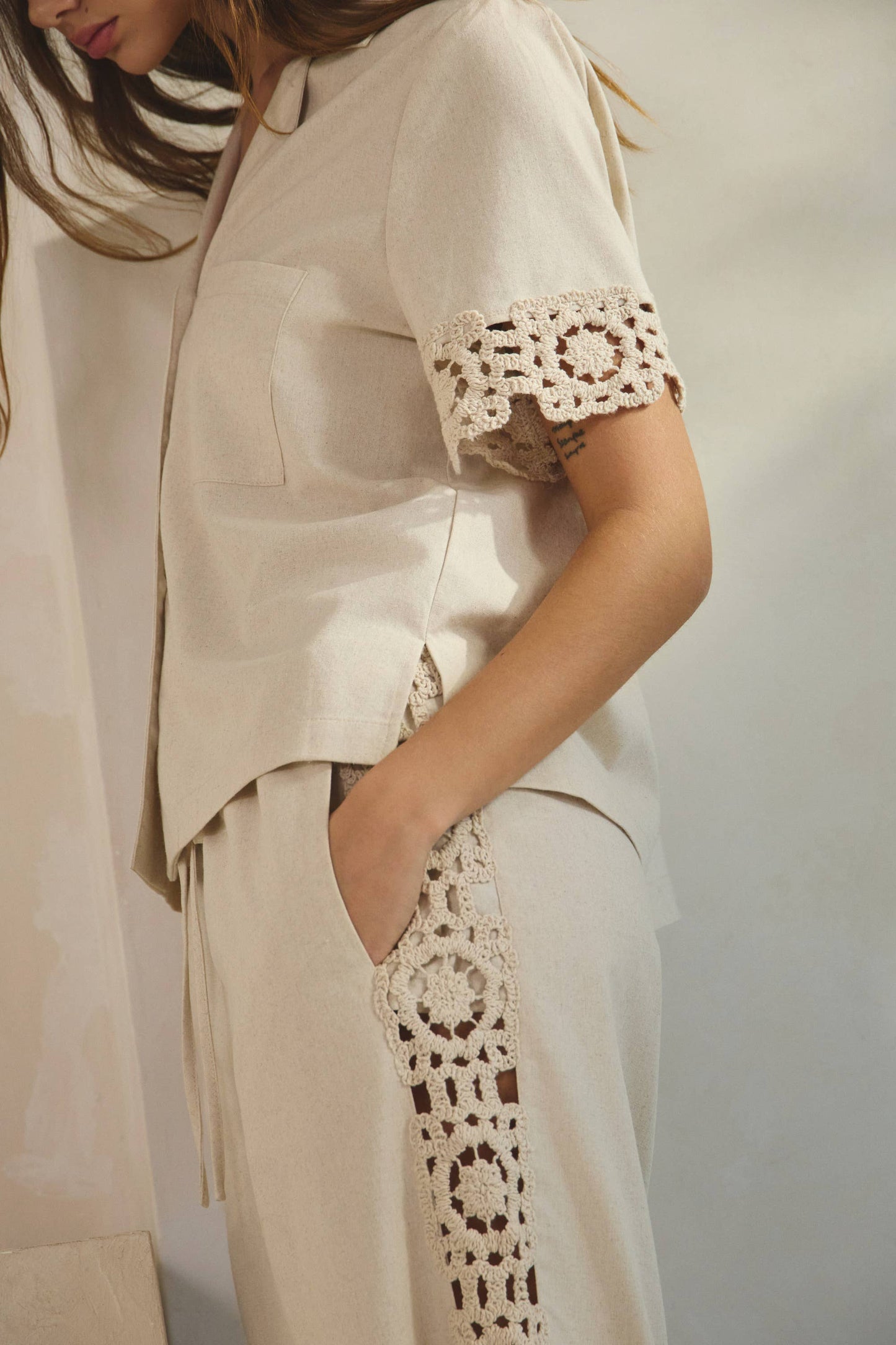 Saint Crochet Detail Linen Shirt & Pants