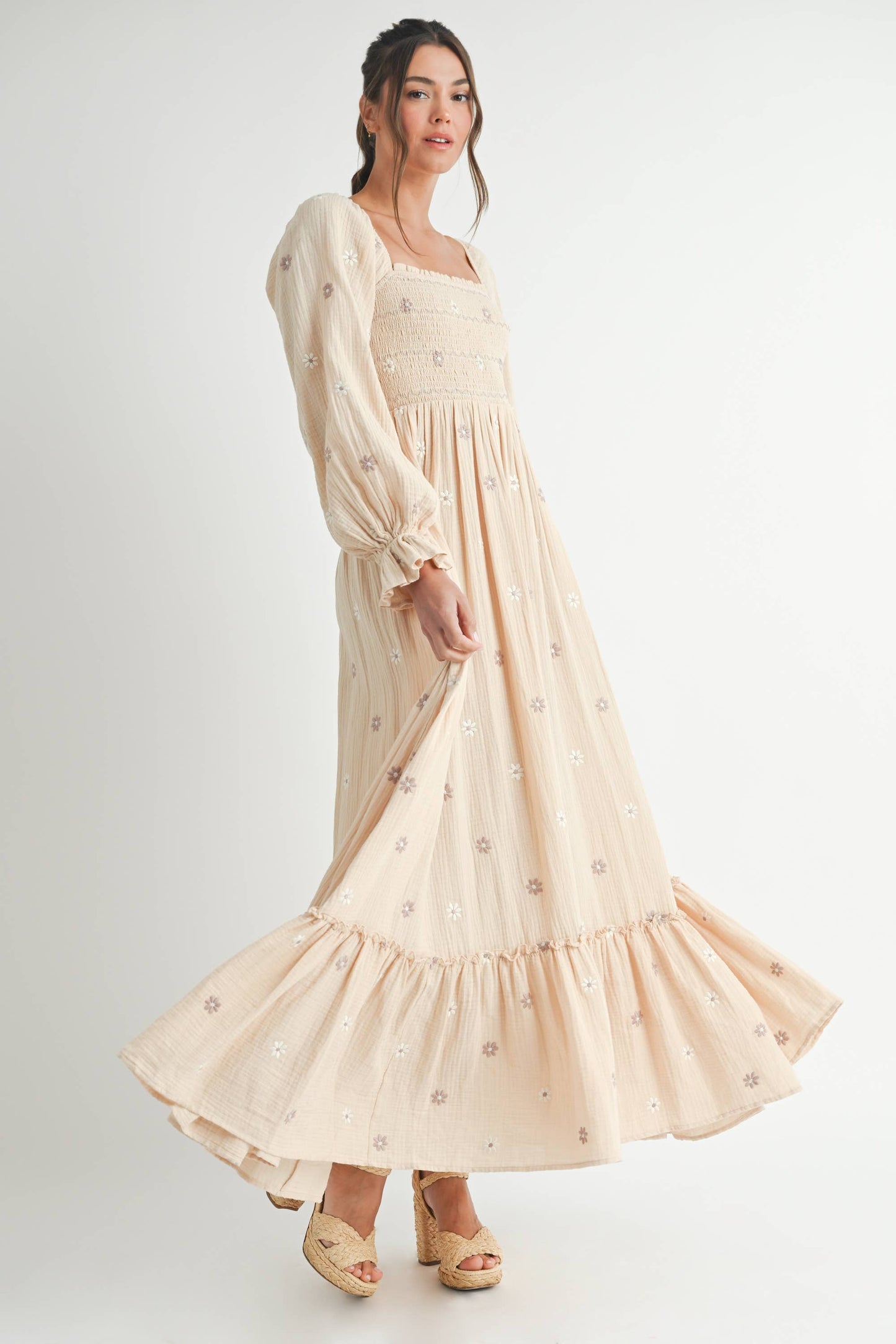 Long Sleeve Embroidery Maxi Dress