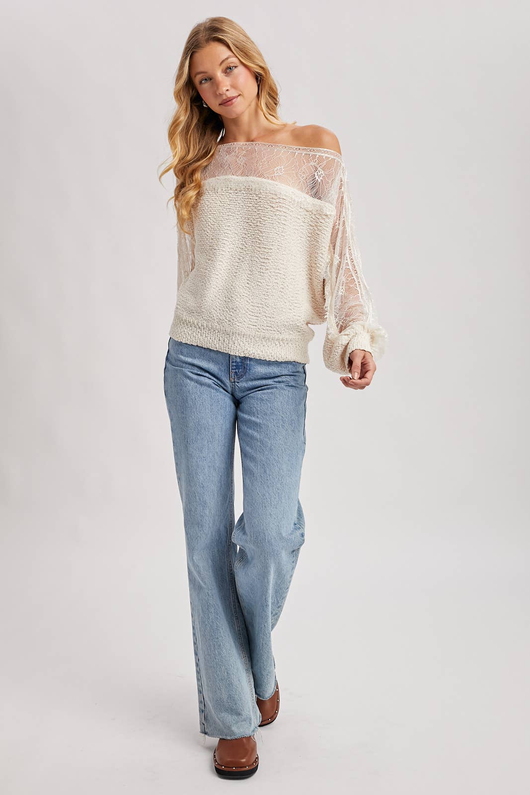 BOAT NECK LACE TRIMMED KNIT SWEATER PULLOVER: ECRU