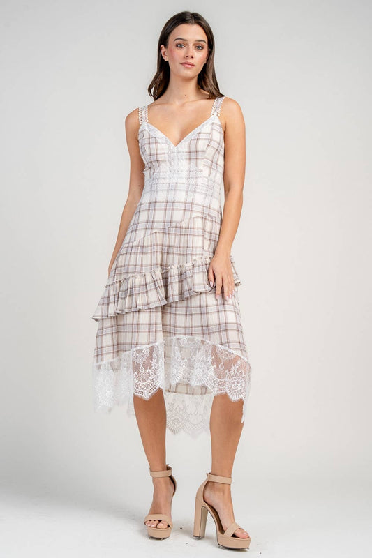 COTTON PLAID ASYMMETRIC HEMMED LACE TRIMMED MIDI