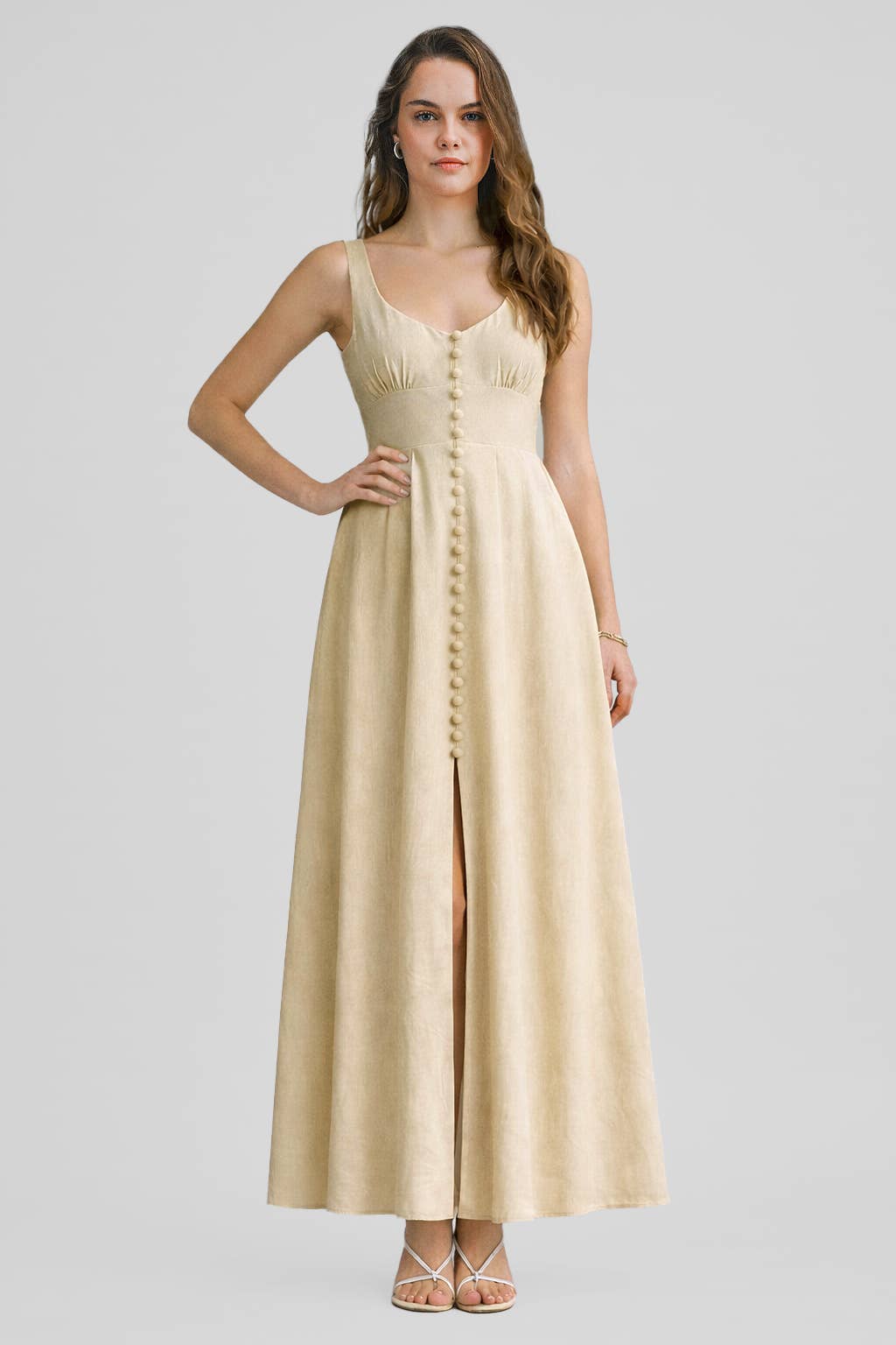 Back Bow Detail Button-Front Maxi Dress