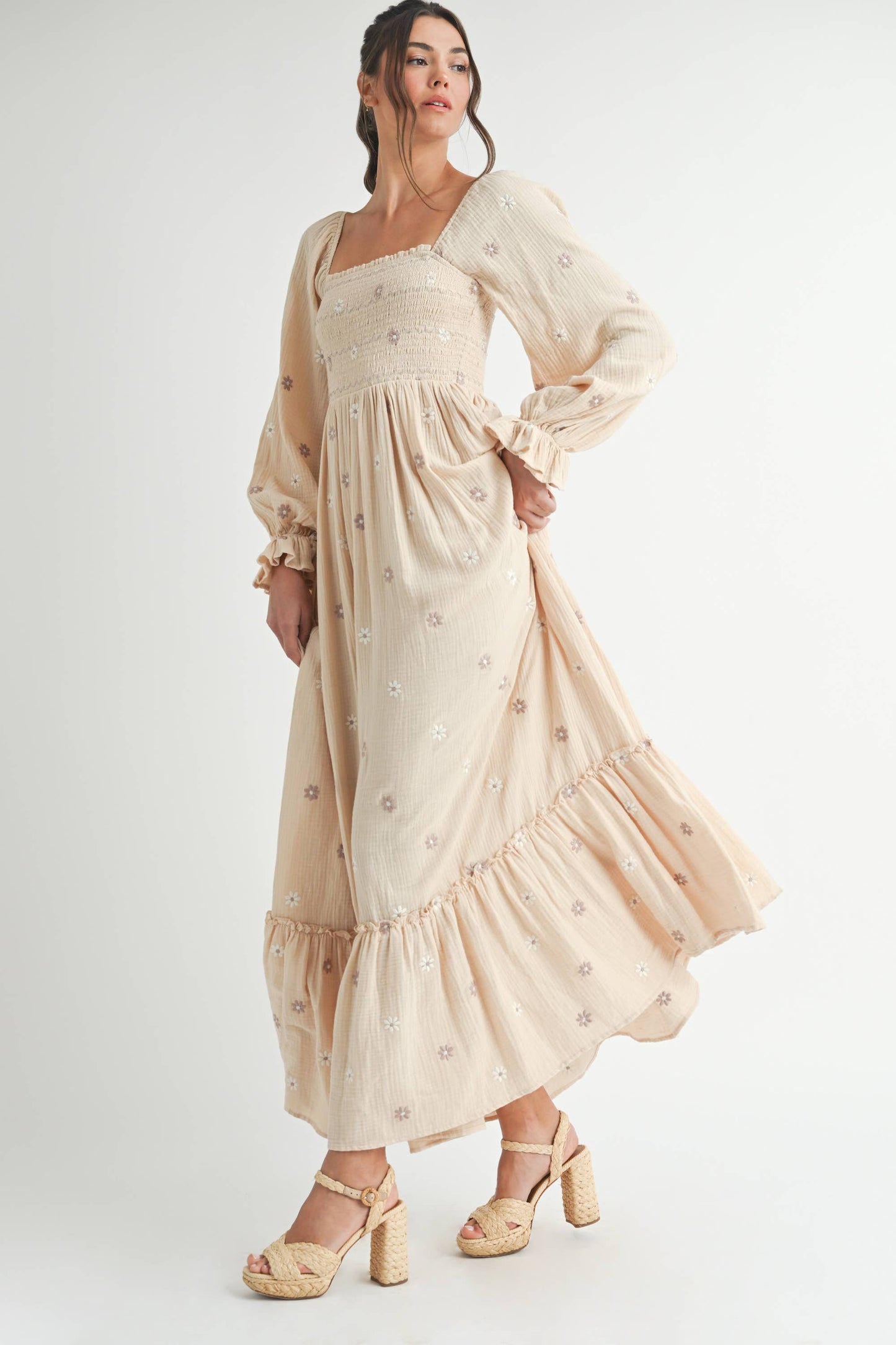 Long Sleeve Embroidery Maxi Dress
