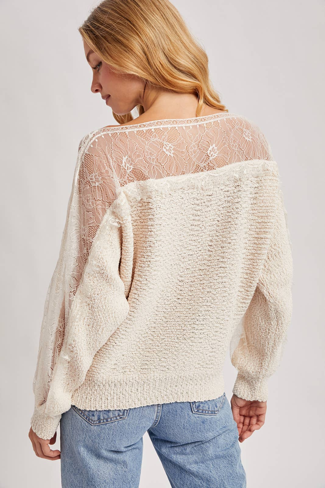 BOAT NECK LACE TRIMMED KNIT SWEATER PULLOVER: ECRU