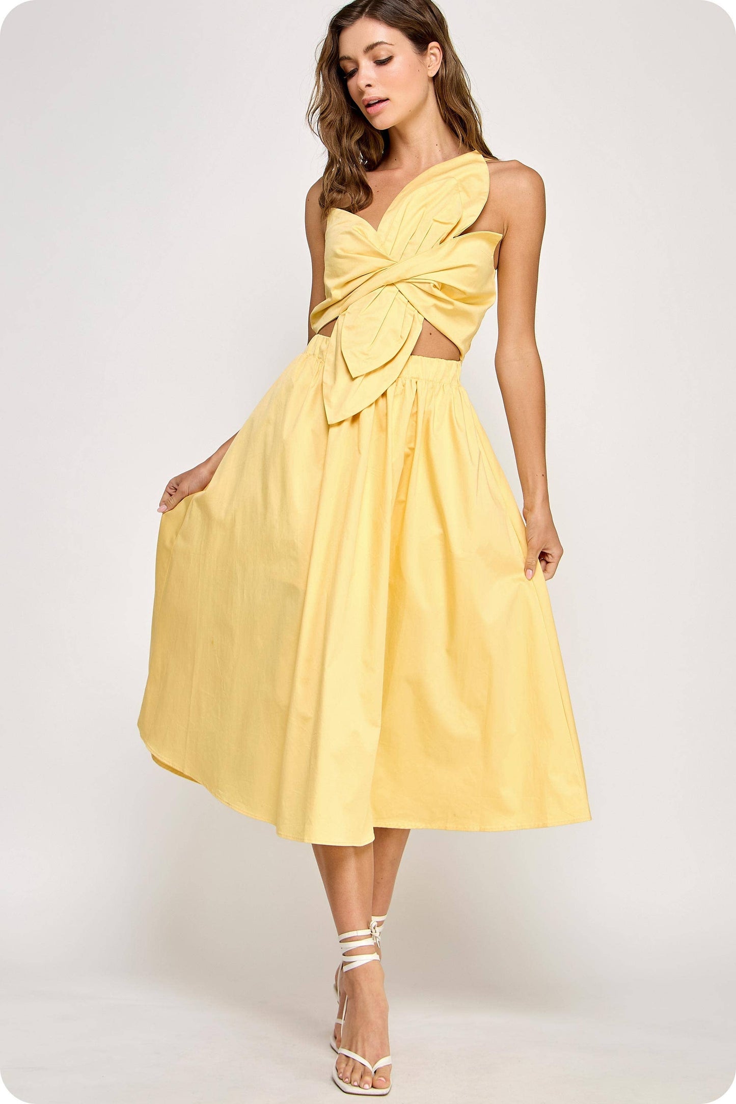 Knotted Flower Bow Midi Dress: Ecru